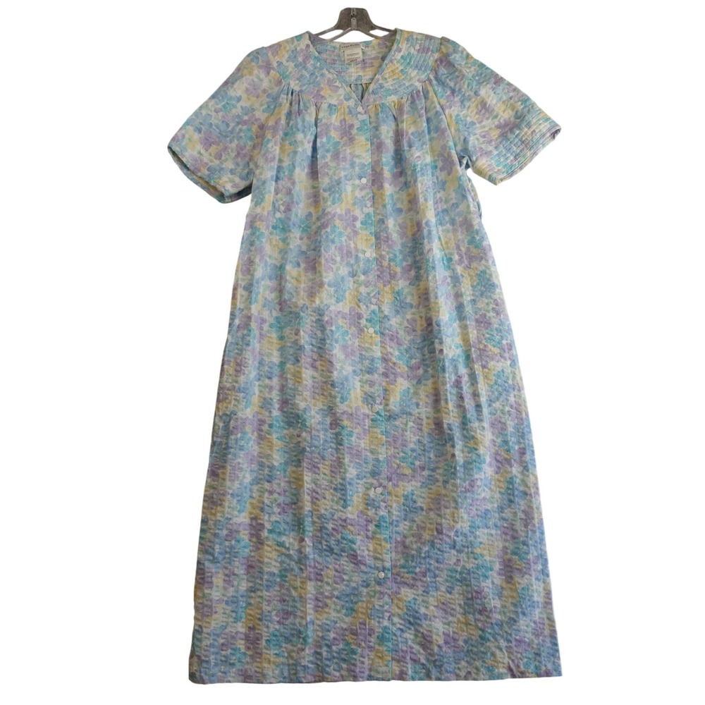 Vintage Miss Elaine Nightgown Womens XL Blue Purple‎ Floral Seersucker Housecoat